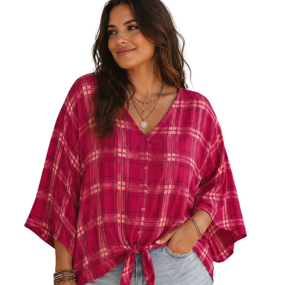 Lane Bryant Plaid Sparkle Button Top Womens Size 18 Pink Metallic Tie Hem Blouse